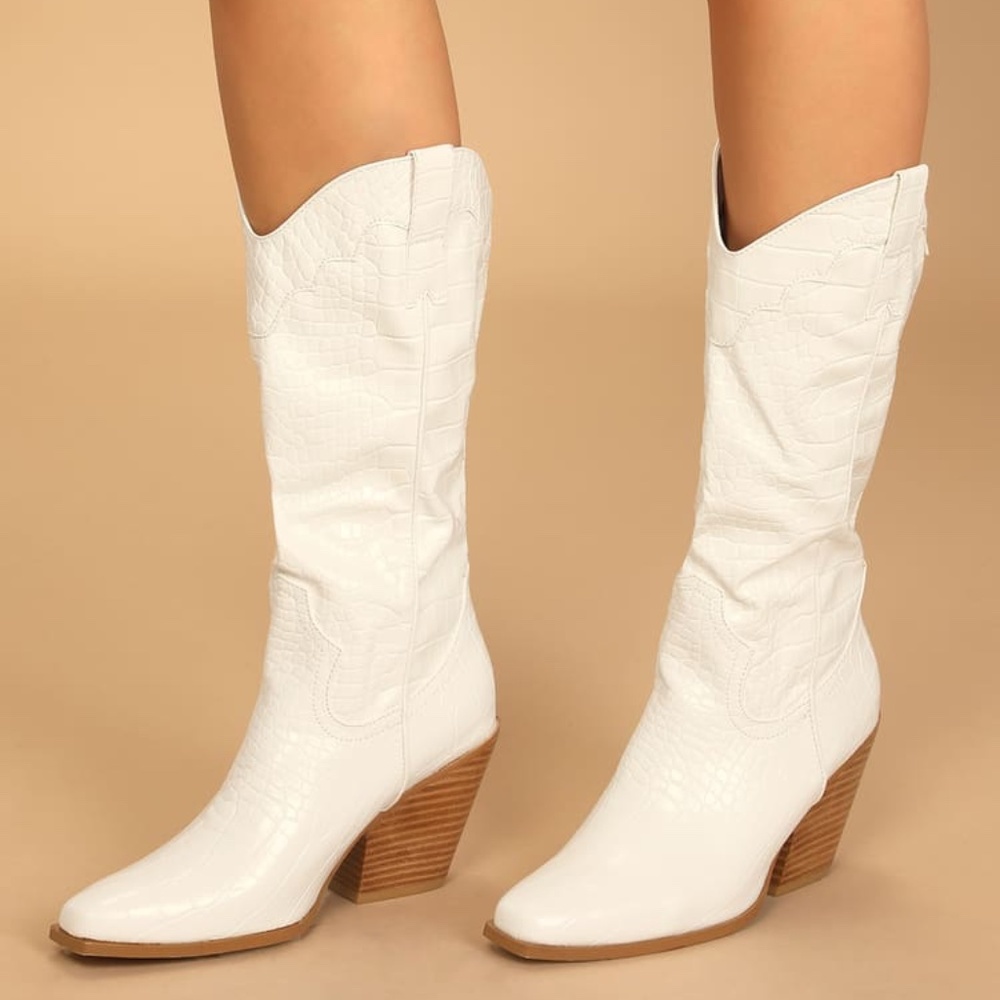 Billini Caela White Crocodile-Embossed Knee-High Boots